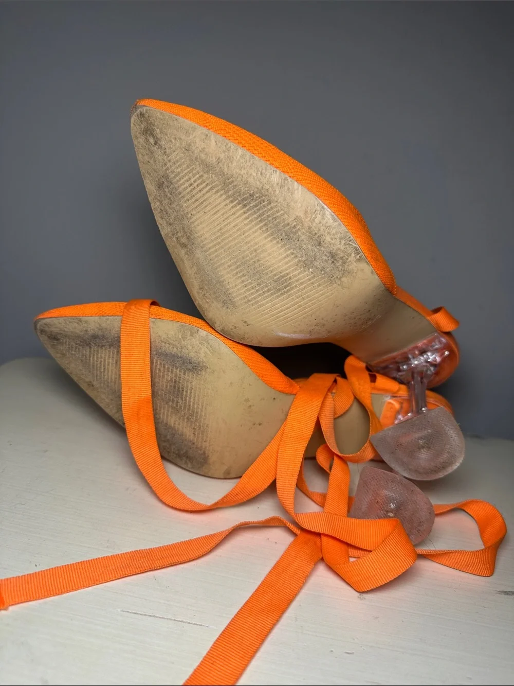 Cuccoo Orange Pointed Toe Lace-Up see through heels